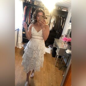 Lulus White Crochet Lace Tiered Midi Dress- size Medium